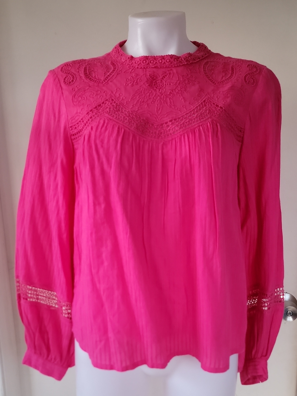 Anthropologie Hot Pink Embroidered Long-Sleeve Blouse